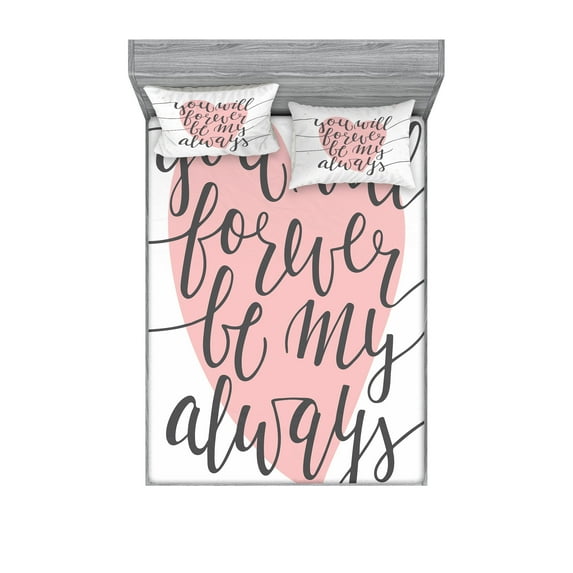 Ambesonne Saying Fitted Sheet & Pillow Sham Set, Heart and Love Words, Full, Pale Pink Black White