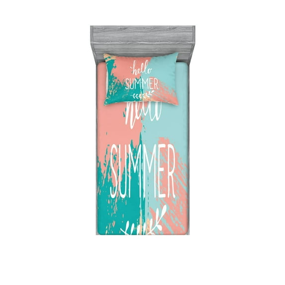 Ambesonne Saying Fitted Sheet & Pillow Sham Set, Hello Summer Lettering, Twin, Multicolor