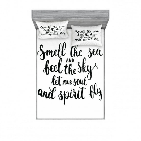 Ambesonne Saying Fitted Sheet & Pillow Sham Set, Ink Calligraphy, Full, Black White