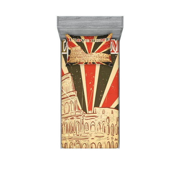 Ambesonne Saying Fitted Sheet & Pillow Sham Set, Italian Rome Lettering, Twin, Red Dark Green and White