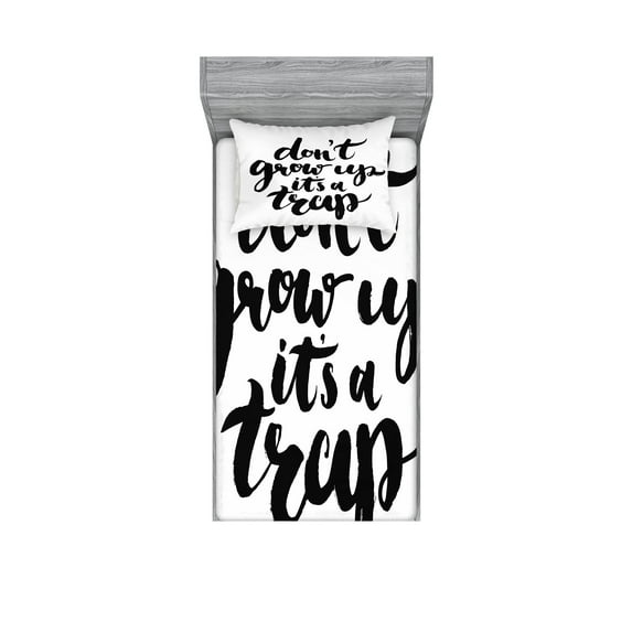 Ambesonne Saying Fitted Sheet & Pillow Sham Set, Life Letters, Twinxl, Black and White