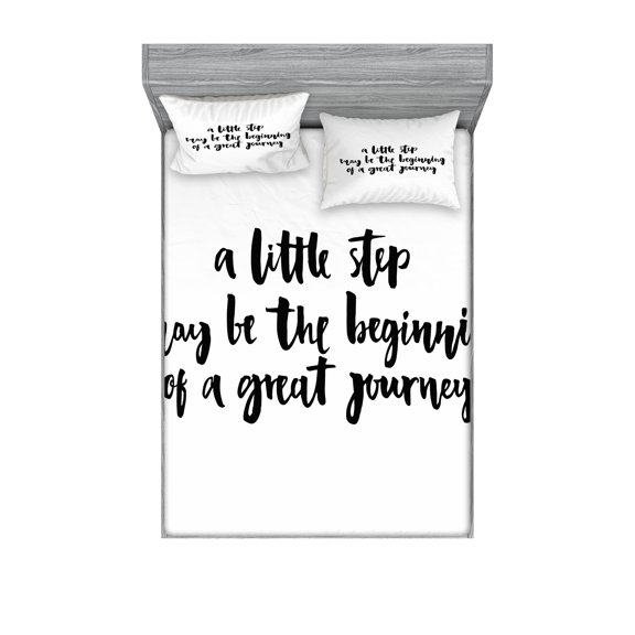 Ambesonne Saying Fitted Sheet & Pillow Sham Set, Little Step Journey, Queen, Black and White
