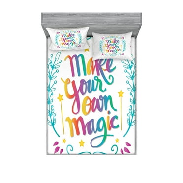 Ambesonne Saying Fitted Sheet & Pillow Sham Set, Make Your Magic Message, Queen, Multicolor