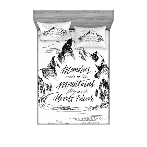 Ambesonne Saying Fitted Sheet & Pillow Sham Set, Memories in Mountains, Queen, Black White