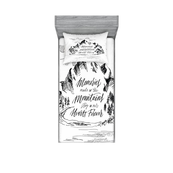 Ambesonne Saying Fitted Sheet & Pillow Sham Set, Memories in Mountains, Twinxl, Black White