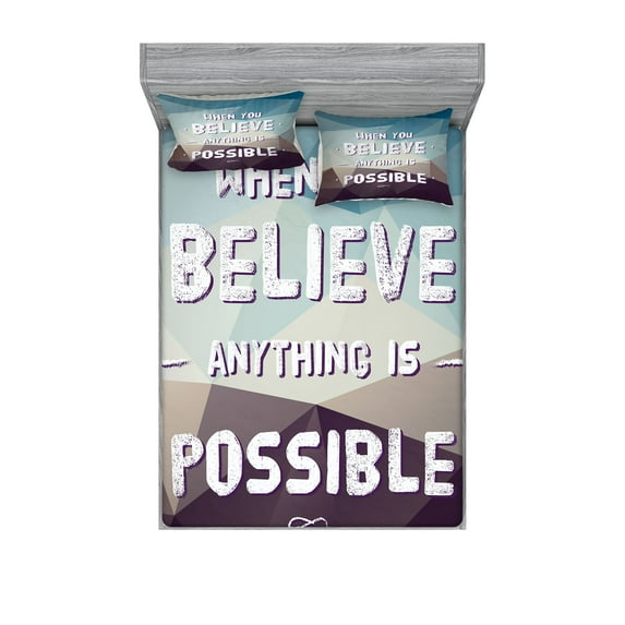 Ambesonne Saying Fitted Sheet & Pillow Sham Set, Modern Polygonal Design, Full, Teal Brown