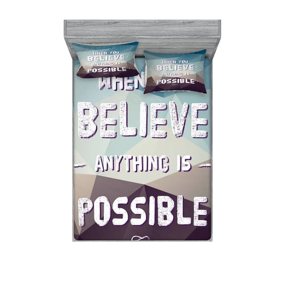 Ambesonne Saying Fitted Sheet & Pillow Sham Set, Modern Polygonal Design, Queen, Teal Brown