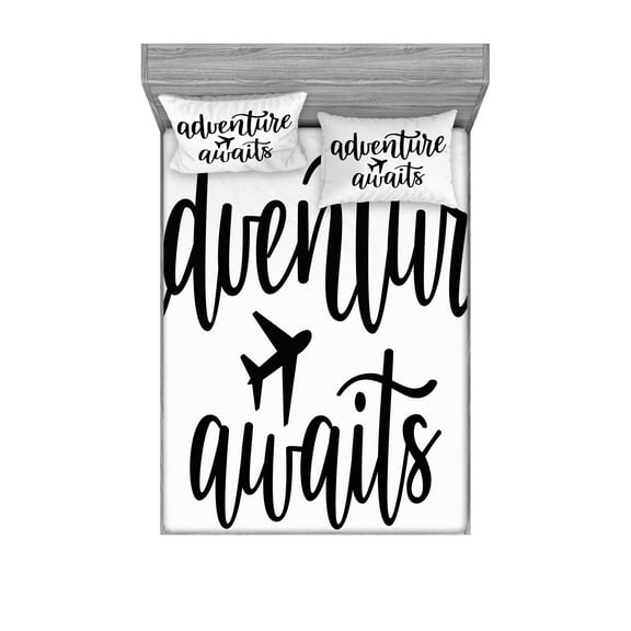 Ambesonne Saying Fitted Sheet & Pillow Sham Set, Monochrome Travel Typography, Queen, White Black