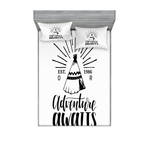 Ambesonne Saying Fitted Sheet & Pillow Sham Set, Monotone Tent and Lettering, Full, White Black