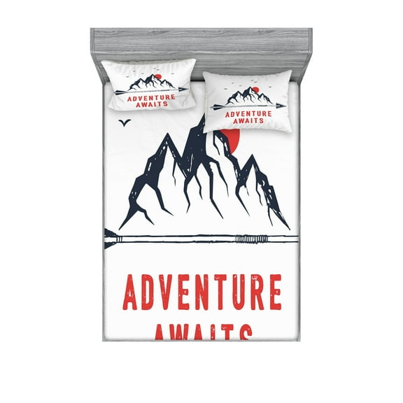 Ambesonne Saying Fitted Sheet & Pillow Sham Set, Mountains and Moon Adventure, Queen, Dark Blue Grey Vermilion
