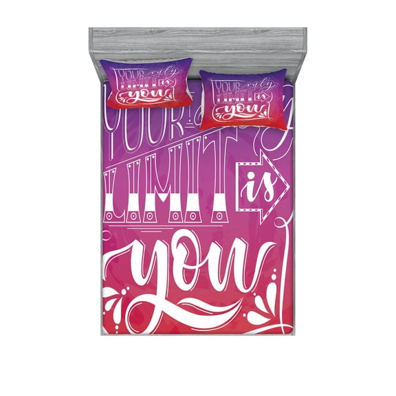 Ambesonne Saying Fitted Sheet & Pillow Sham Set, Ombre Effect Background, Full, Vermilion Violet White