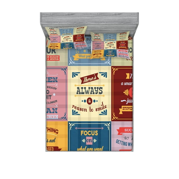 Ambesonne Saying Fitted Sheet & Pillow Sham Set, Positive Vibes Theme Words, Full, Yellow and Pink