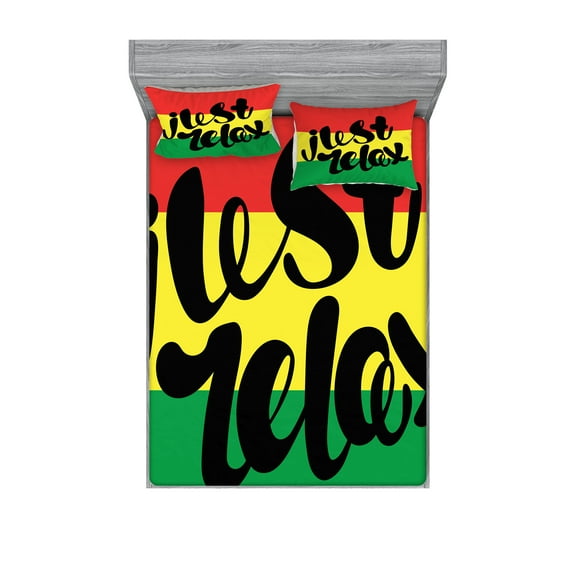 Ambesonne Saying Fitted Sheet & Pillow Sham Set, Rastafarian Design Message, Queen, Multicolor