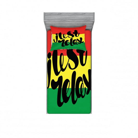Ambesonne Saying Fitted Sheet & Pillow Sham Set, Rastafarian Design Message, Twinxl, Multicolor