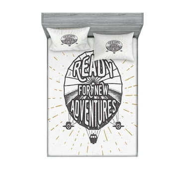 Ambesonne Saying Fitted Sheet & Pillow Sham Set, Ready for Adventure Print, Queen, Black and White