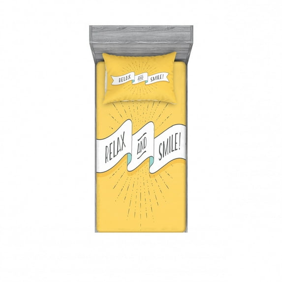 Ambesonne Saying Fitted Sheet & Pillow Sham Set, Relax and Smile, Twinxl, Mustard Black White