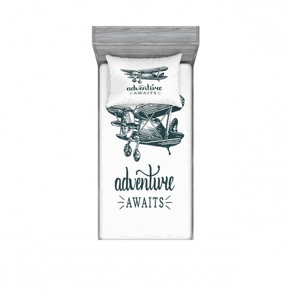 Ambesonne Saying Fitted Sheet & Pillow Sham Set, Retro Airplane and Words, Twinxl, Dark Petrol Blue and White