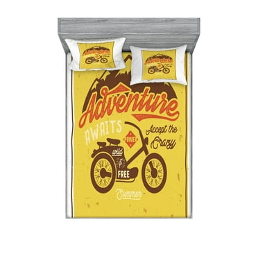 Ambesonne Saying Fitted Sheet & Pillow Sham Set, Retro Words Bike Summer Art, Full, Mustard Brown and Red