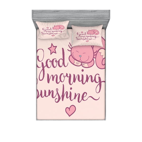 Ambesonne Saying Fitted Sheet & Pillow Sham Set, Sleeping Pink Cat and Text, Full, Peach Violet