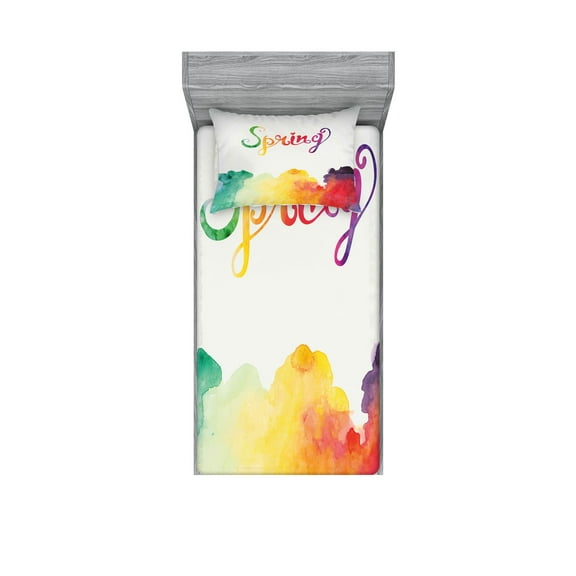 Ambesonne Saying Fitted Sheet & Pillow Sham Set, Spring Lettering, Twin, Multicolor