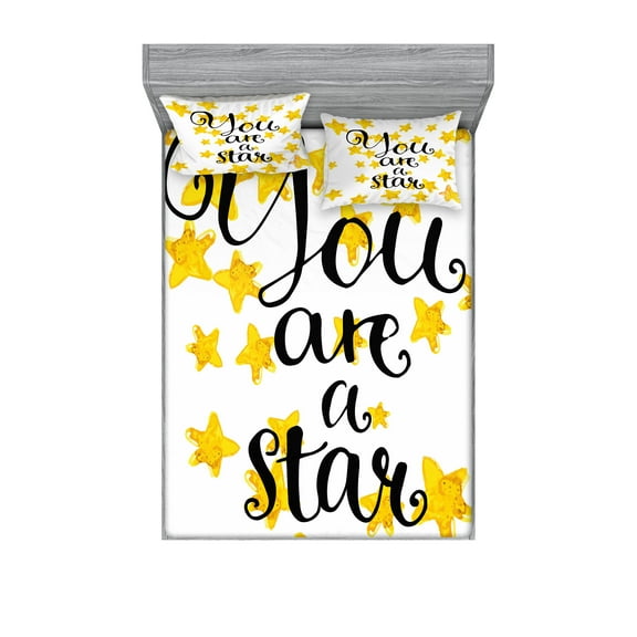 Ambesonne Saying Fitted Sheet & Pillow Sham Set, Star Phrase, Queen, Earth Yellow Black