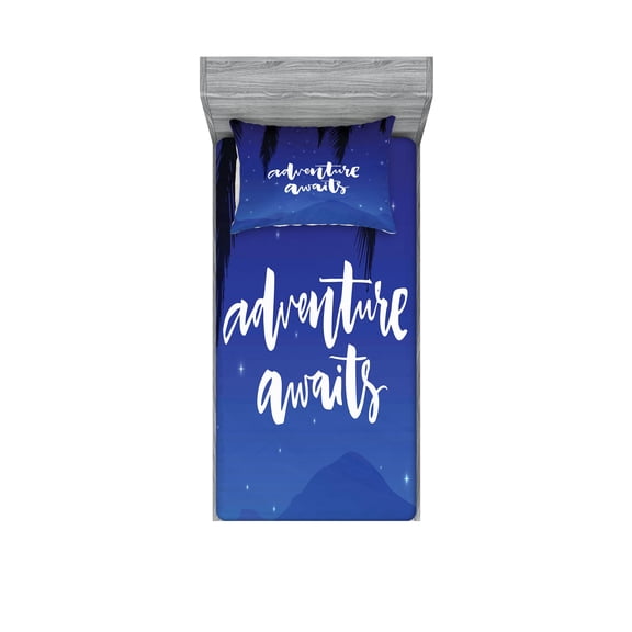 Ambesonne Saying Fitted Sheet & Pillow Sham Set, Stars Night Sky Palms Art, Twinxl, Violet Blue and White