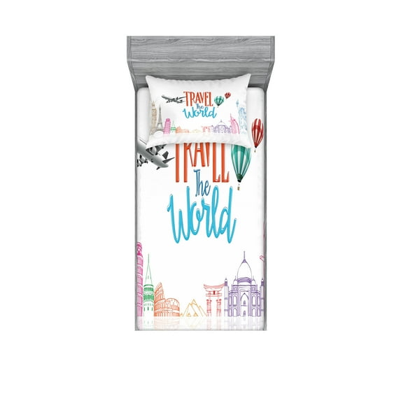 Ambesonne Saying Fitted Sheet & Pillow Sham Set, Travel World Lettering, Twinxl, Multicolor