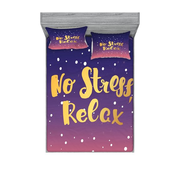 Ambesonne Saying Fitted Sheet & Pillow Sham Set, Typographic No Stress Relax, Queen, Multicolor