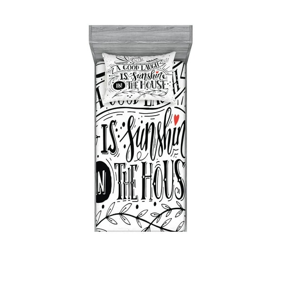 Ambesonne Saying Fitted Sheet & Pillow Sham Set, Vintage Calligraphy Laugh, Twinxl, Black and White