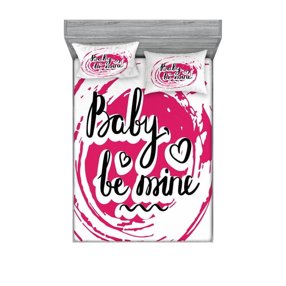 Ambesonne Saying Fitted Sheet & Pillow Sham Set, Vortex Be Mine Wording, Queen, Magenta Black White