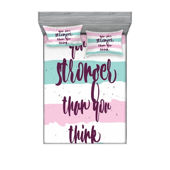 Ambesonne Saying Fitted Sheet & Pillow Sham Set, Watercolor Stripes Text, Full, Pale Pink Seafoam Plum