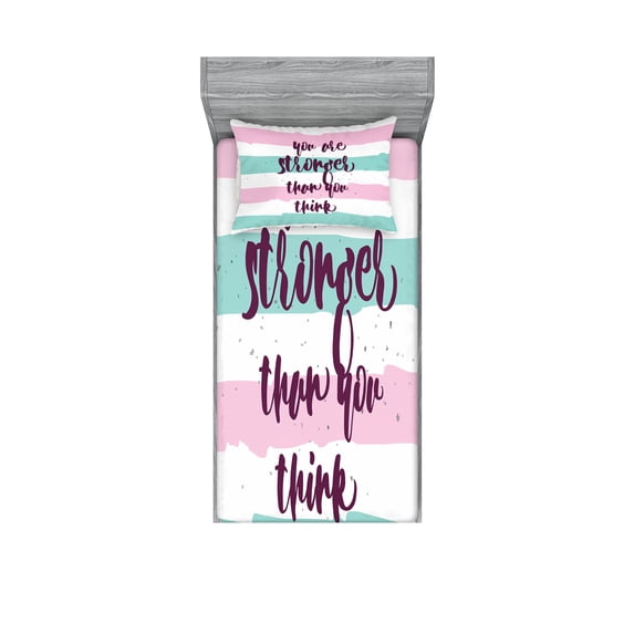 Ambesonne Saying Fitted Sheet & Pillow Sham Set, Watercolor Stripes Text, Twinxl, Pale Pink Seafoam Plum