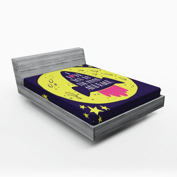 Ambesonne Saying Fitted Sheet, Rocket Space Moon Love, Queen Size, Yellow Indigo