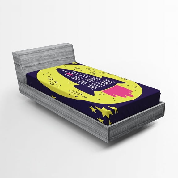 Ambesonne Saying Fitted Sheet, Rocket Space Moon Love, Twin Size, Yellow Indigo