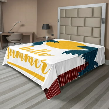 Ambesonne Saying Flat Sheet, Calligraphy Hello Summer, King Size, Teal Redwood Yellow