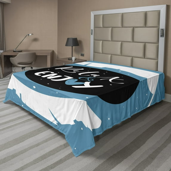 Ambesonne Saying Flat Sheet, Cartoon Art Relax and Enjoy, King Size, Pale Blue Black White