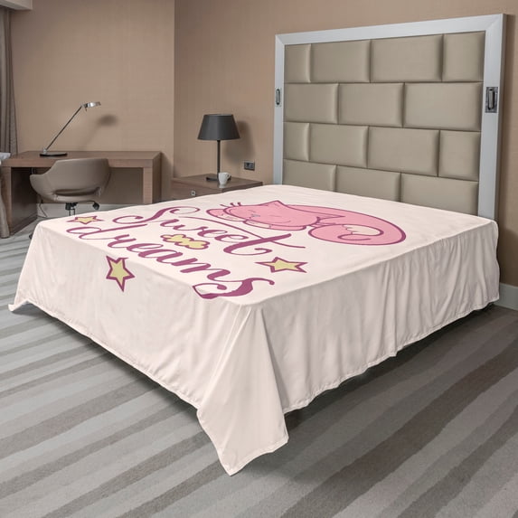 Ambesonne Saying Flat Sheet, Cartoon Cat Stars, King Size, Dried Rose Pale Pink