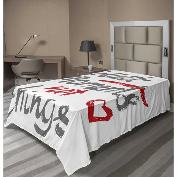 Ambesonne Saying Flat Sheet, Cautious Message Typographic, TwinXL Size, Grey Vermillion White