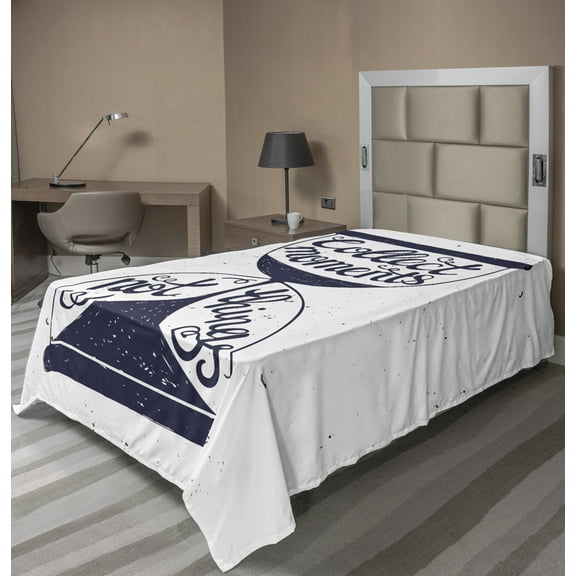 Ambesonne Saying Flat Sheet, Collect Moments Hourglass, TwinXL Size, Dark Blue Grey and White