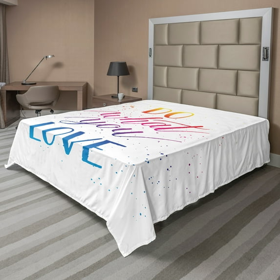 Ambesonne Saying Flat Sheet, Colorful Uplifting Motto, Queen Size, Marigold Hot Pink and Blue