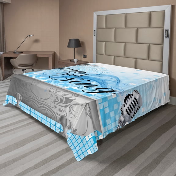 Ambesonne Saying Flat Sheet, Come and Sing Message, Queen Size, Pale Blue White