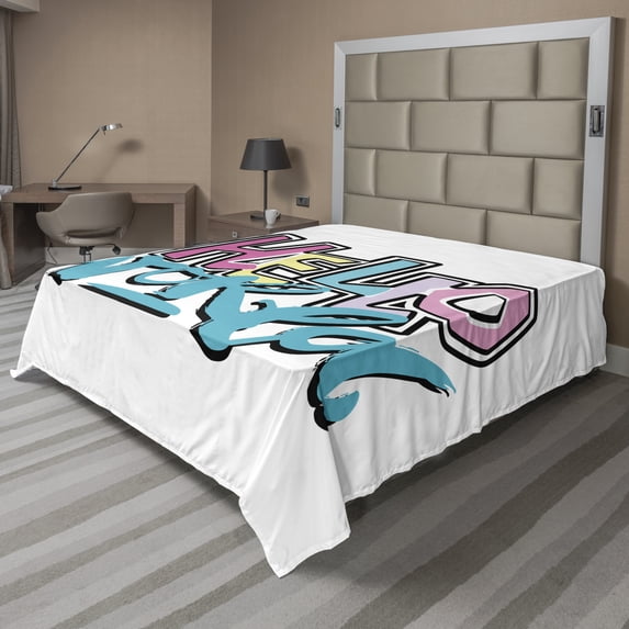 Ambesonne Saying Flat Sheet, Cool Hello World Wording, Queen Size, Multicolor