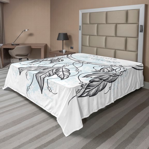Ambesonne Saying Flat Sheet, Doodle Aztec Motif, King Size, Grey and Pale Blue