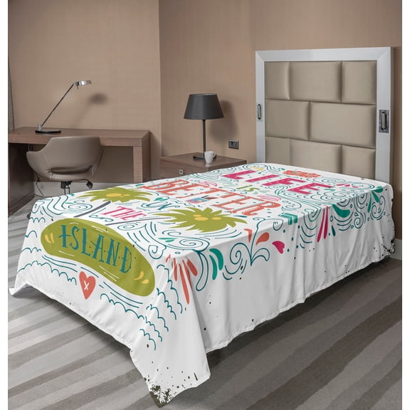 Ambesonne Saying Flat Sheet, Doodle Floral Island, Twin Size, Multicolor