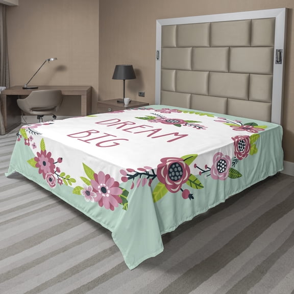 Ambesonne Saying Flat Sheet, Dream Big in Floral Wreath, Full Size, Almond Green Pink