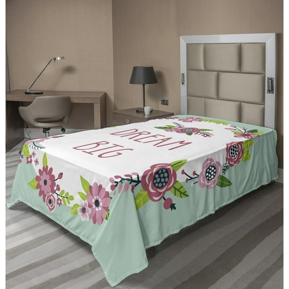 Ambesonne Saying Flat Sheet, Dream Big in Floral Wreath, Twin Size, Almond Green Pink