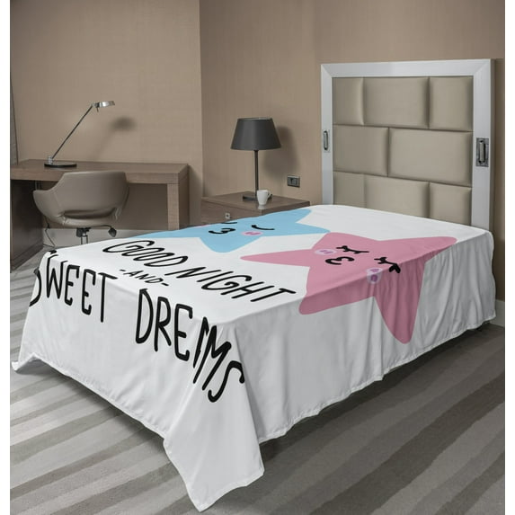 Ambesonne Saying Flat Sheet, Dreams Stars Kiss, Twin Size, Sky Blue Pale Pink