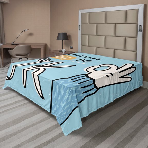 Ambesonne Saying Flat Sheet, Everything Will Be Okey Hand, King Size, Pale Blue Pale Orange