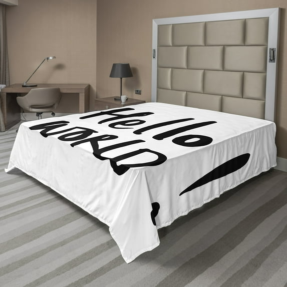 Ambesonne Saying Flat Sheet, Exclamation Mark Hello World, King Size, Charcoal Grey White