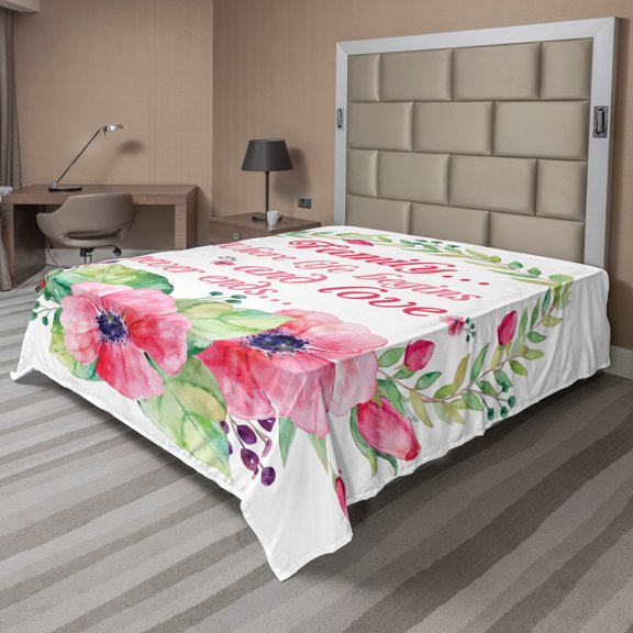 Ambesonne Saying Flat Sheet, Family Love Saying Wreath, California King, Multicolor